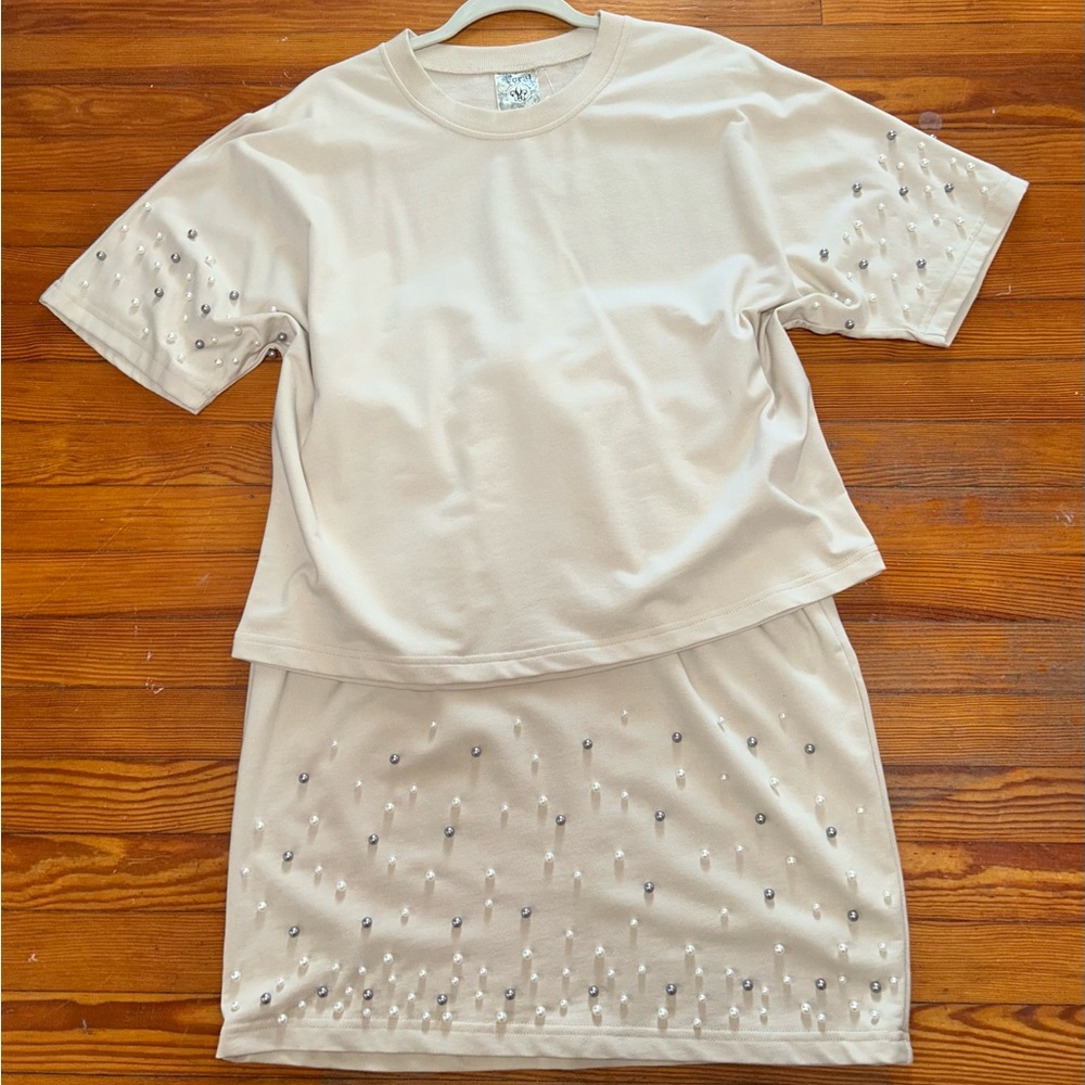 Women’s Beige Two-Piece Shirt & Skirt Set with Grey & White Pearl Embellishments